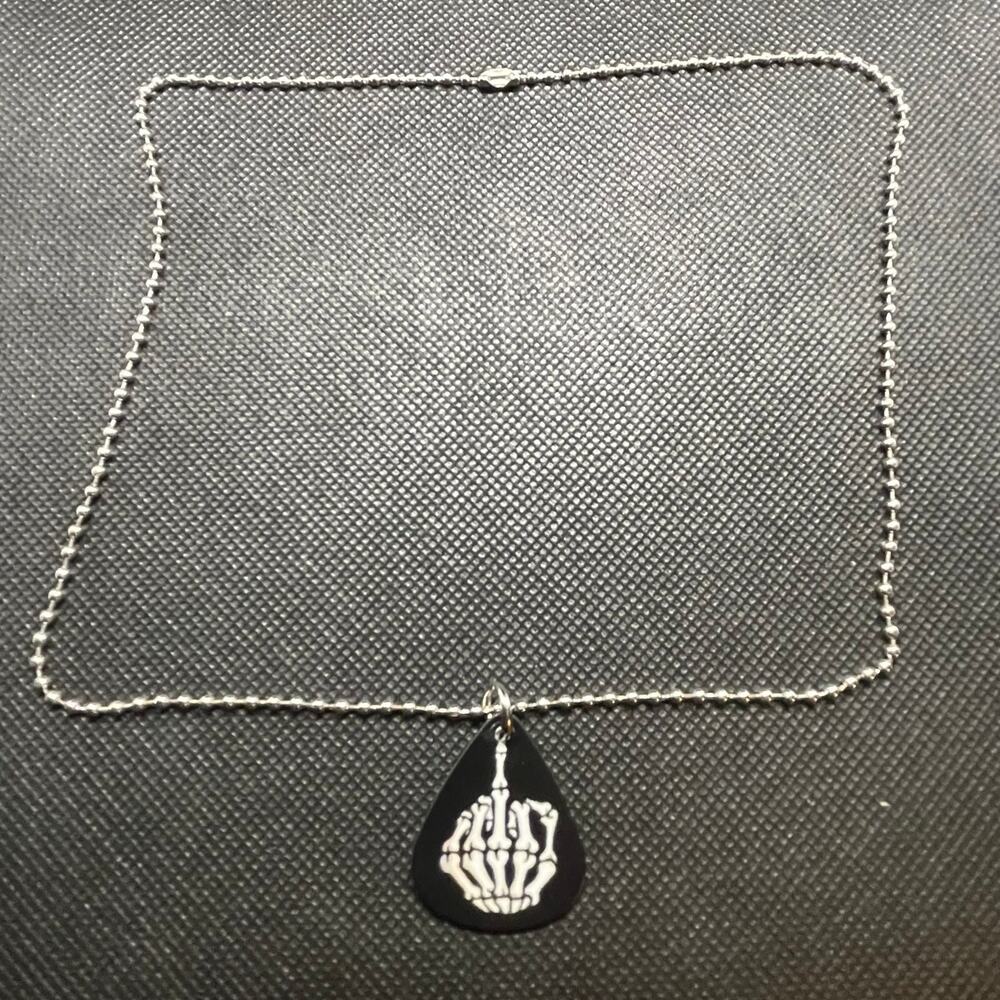 Handcrafted Guitar Pick Necklace ~ Skeletal Hand Gesture